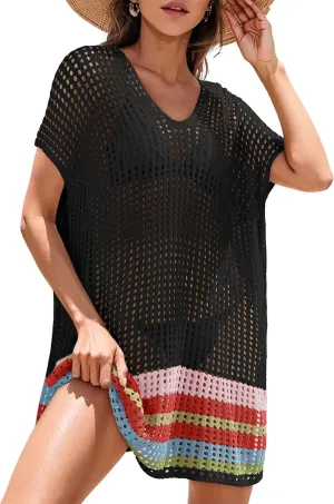 Dokotoo Women's Swimwear Beach Bikini Swimsuit Color Block Cover-ups Crochet Striped Side Split Mini Dress