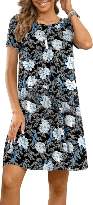 DUSDIMON Women's Summer Casual Tshirt Dresses Short Sleeve Cover ups Beach Loose Dress
