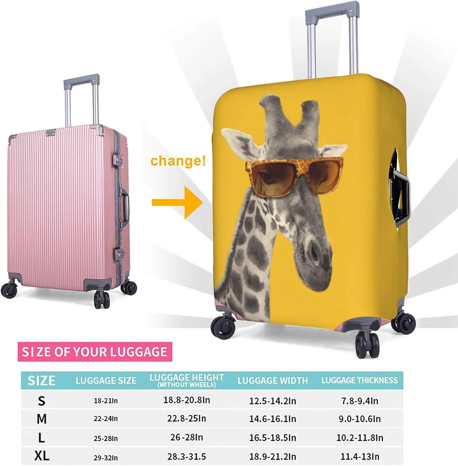 EdNeY Funny Giraffe with Sunglasses on Yellow Travel Luggage Cover Elastic Anti-scratch Suitcase Cover Protector Spandex Stretch Luggage Baggage Covers Fits 18-21 Inch Luggage,S