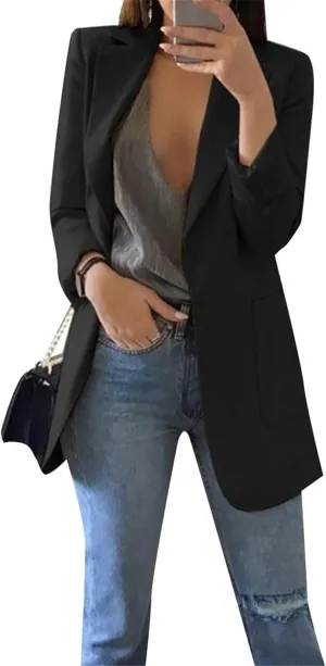 EFOFEI Women's Solid Color Blazer Round Neck Jackets Casual Slim Fit Long Sleeve Blazer Plus Size