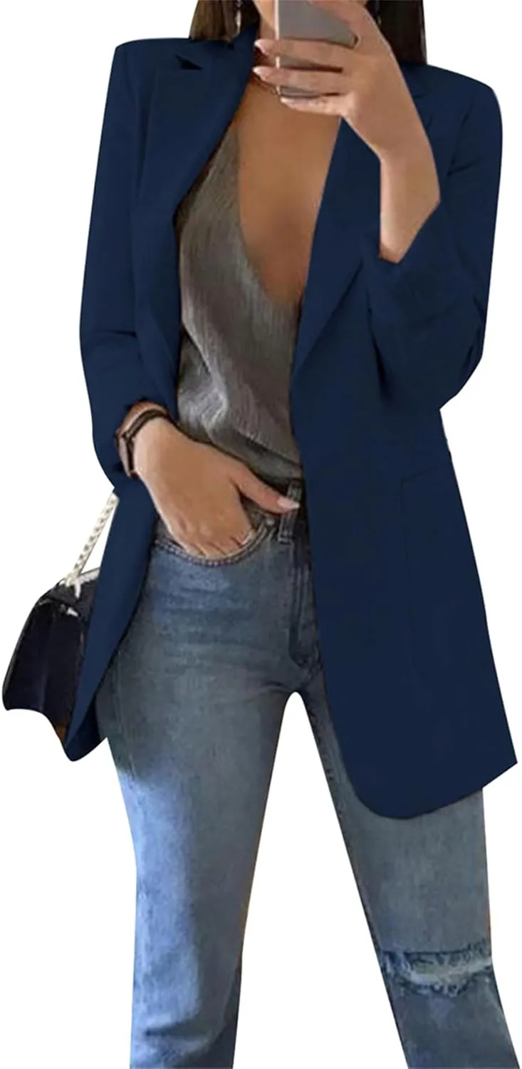 EFOFEI Women's Solid Color Blazer Round Neck Jackets Casual Slim Fit Long Sleeve Blazer Plus Size
