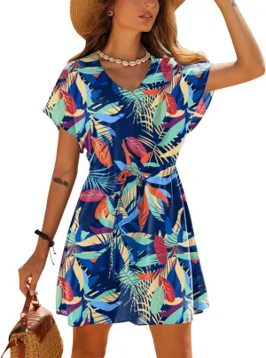 Ekouaer Women's Cover Ups Casual Swimsuit Coverups Flowy Tie Waist Beach Cover Up Dress