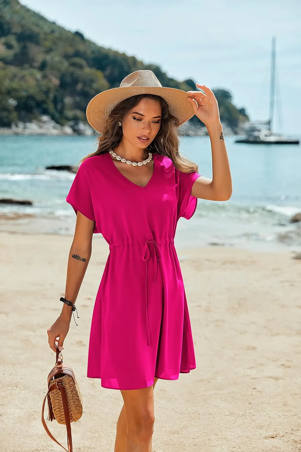 Ekouaer Women's Cover Ups Casual Swimsuit Coverups Flowy Tie Waist Beach Cover Up Dress