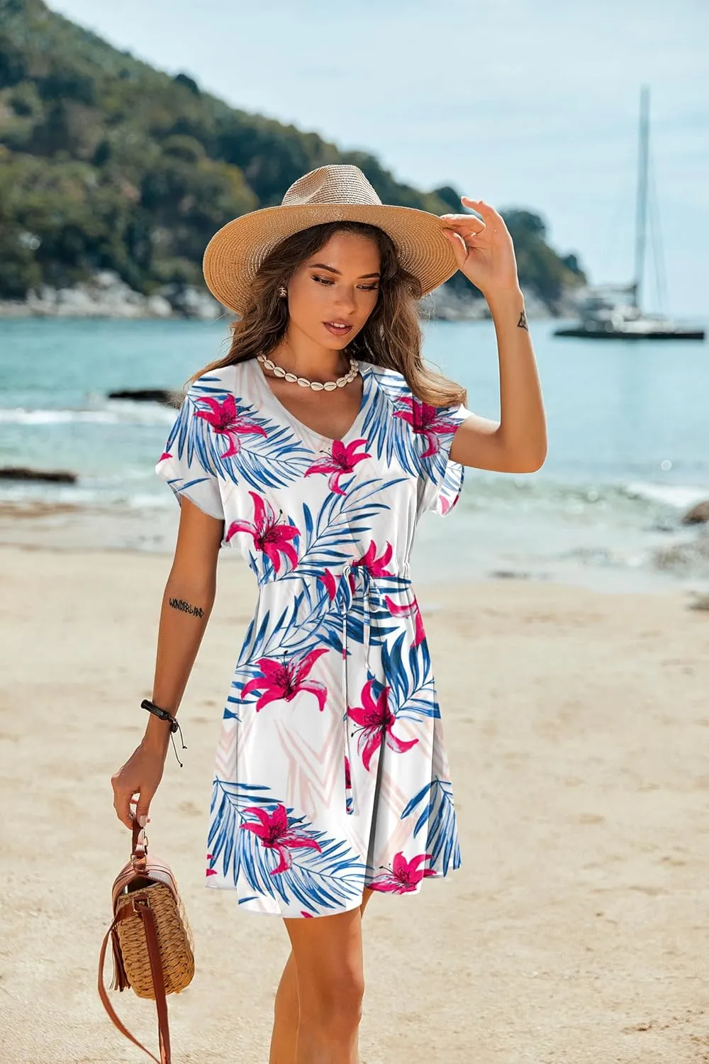 Ekouaer Women's Cover Ups Casual Swimsuit Coverups Flowy Tie Waist Beach Cover Up Dress