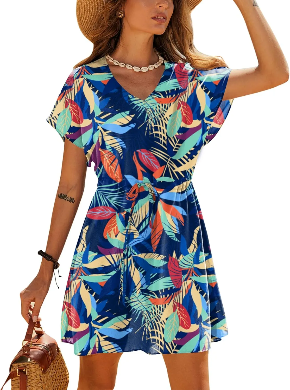 Ekouaer Women's Cover Ups Casual Swimsuit Coverups Flowy Tie Waist Beach Cover Up Dress
