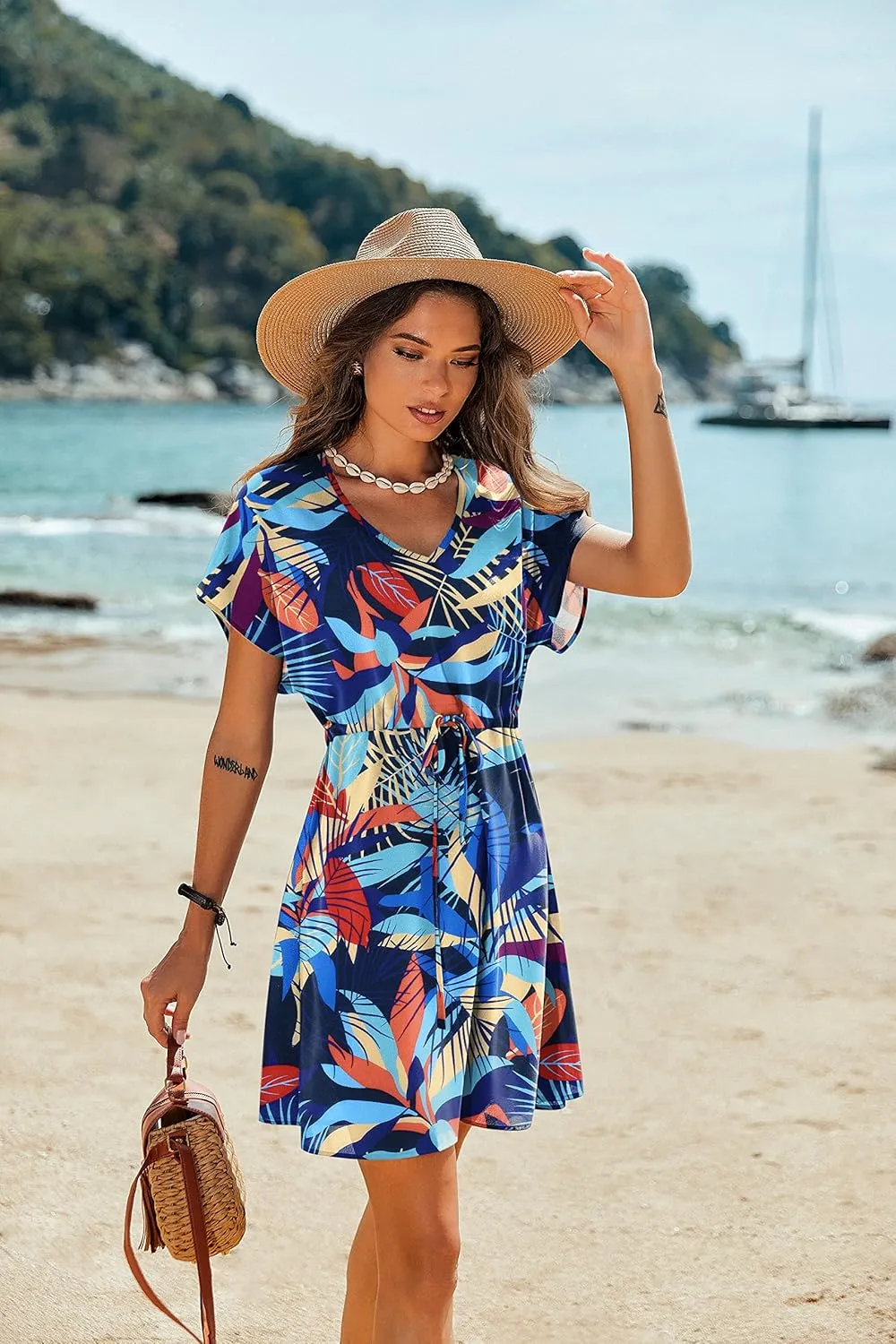 Ekouaer Women's Cover Ups Casual Swimsuit Coverups Flowy Tie Waist Beach Cover Up Dress