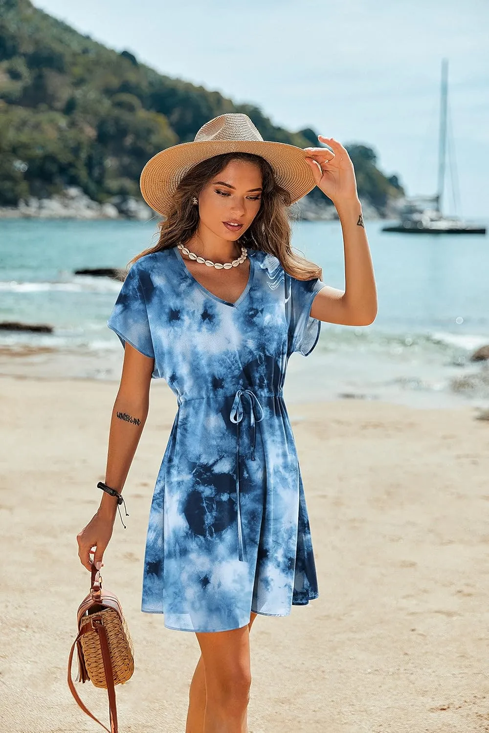 Ekouaer Women's Cover Ups Casual Swimsuit Coverups Flowy Tie Waist Beach Cover Up Dress