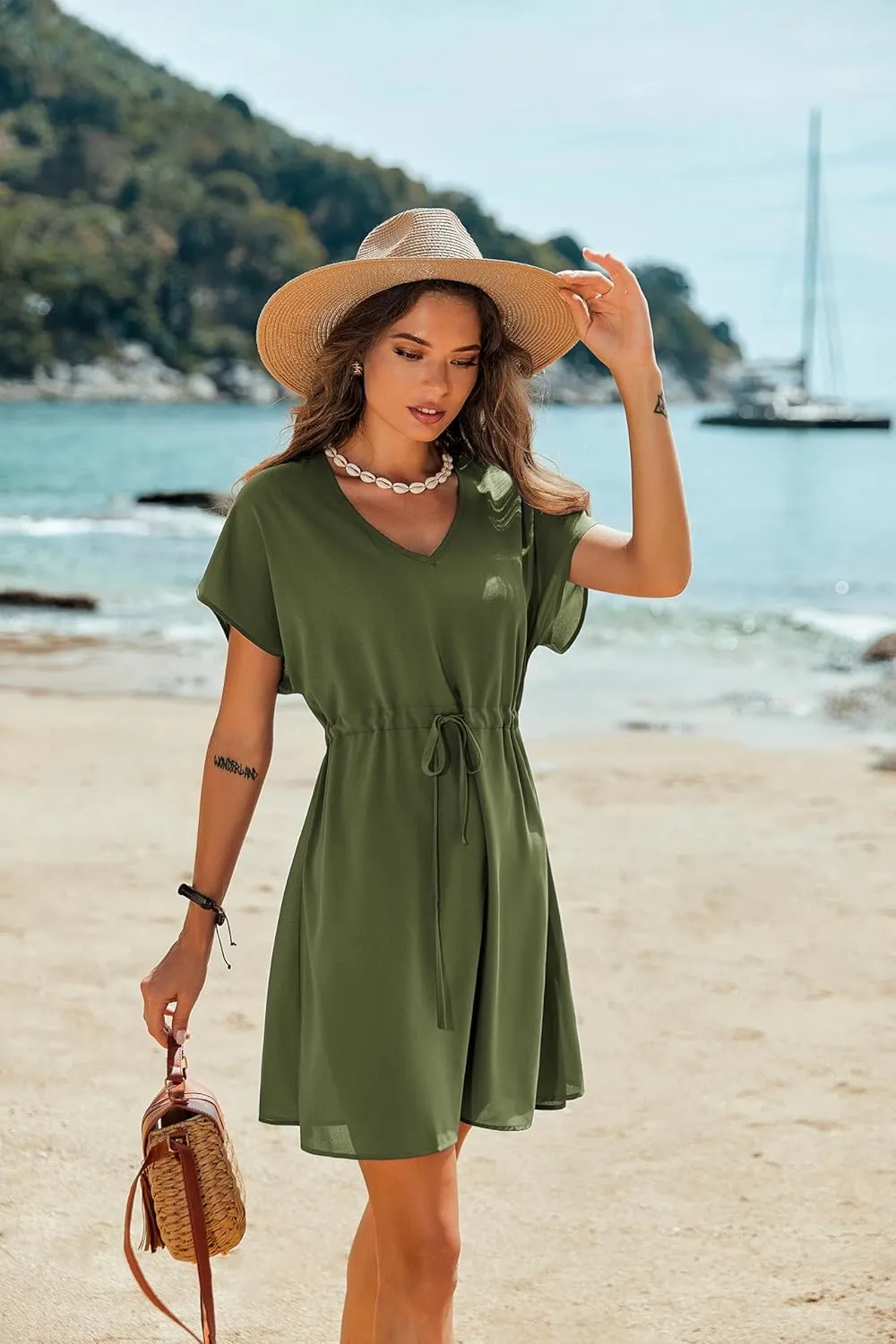 Ekouaer Women's Cover Ups Casual Swimsuit Coverups Flowy Tie Waist Beach Cover Up Dress
