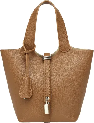 Elegant PU Leather Bucket Bag for Women Lock Design Tote Shoulder Handbag for Work Travel Party and Daily Use