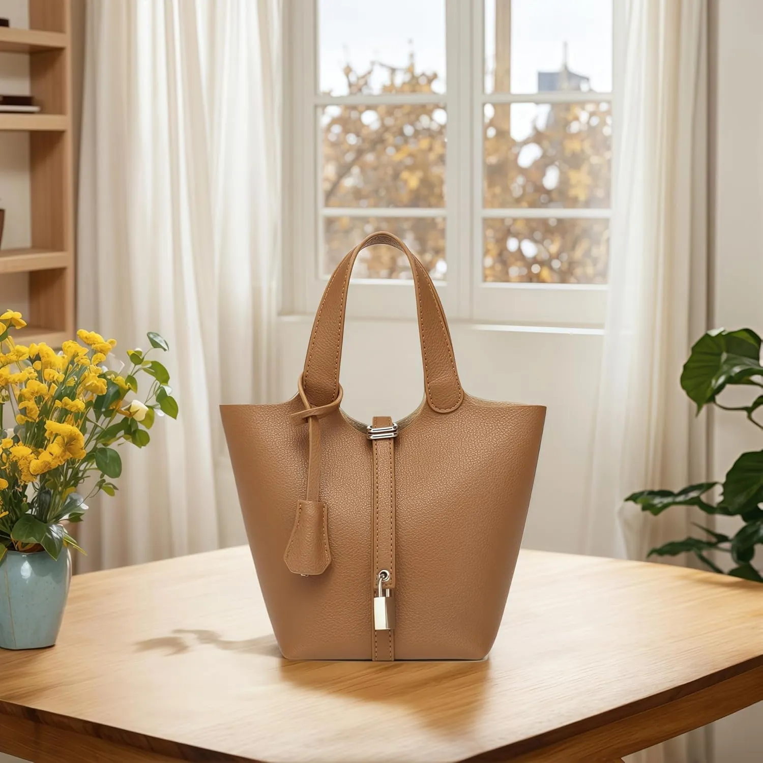Elegant PU Leather Bucket Bag for Women Lock Design Tote Shoulder Handbag for Work Travel Party and Daily Use