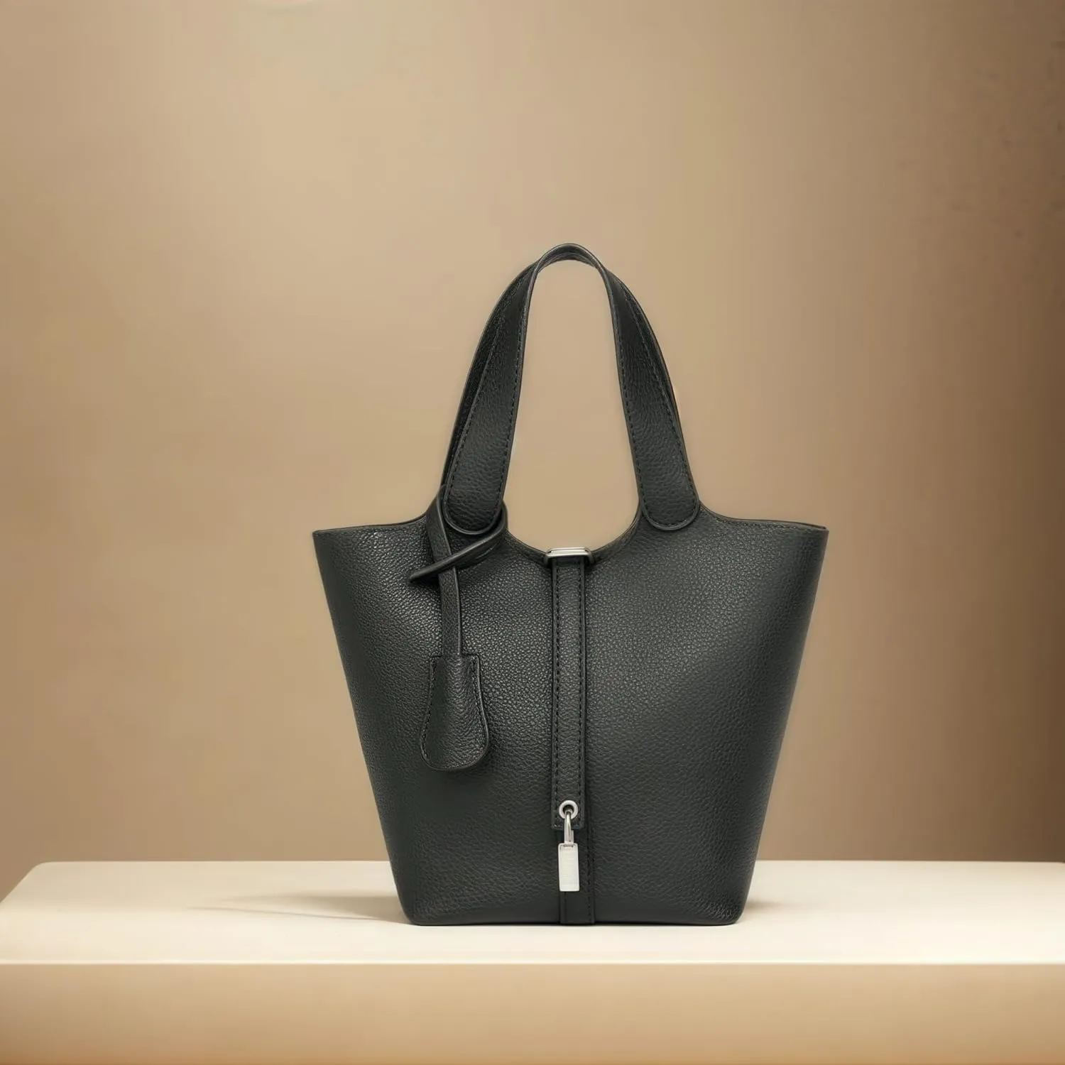 Elegant PU Leather Bucket Bag for Women Lock Design Tote Shoulder Handbag for Work Travel Party and Daily Use