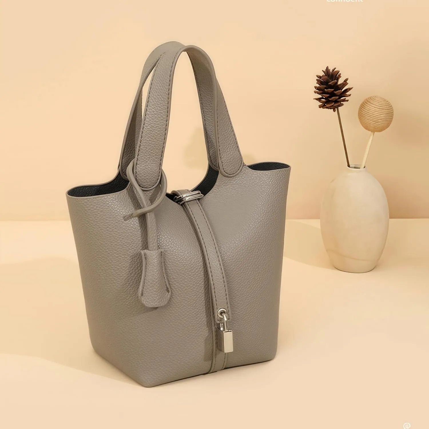 Elegant PU Leather Bucket Bag for Women Lock Design Tote Shoulder Handbag for Work Travel Party and Daily Use