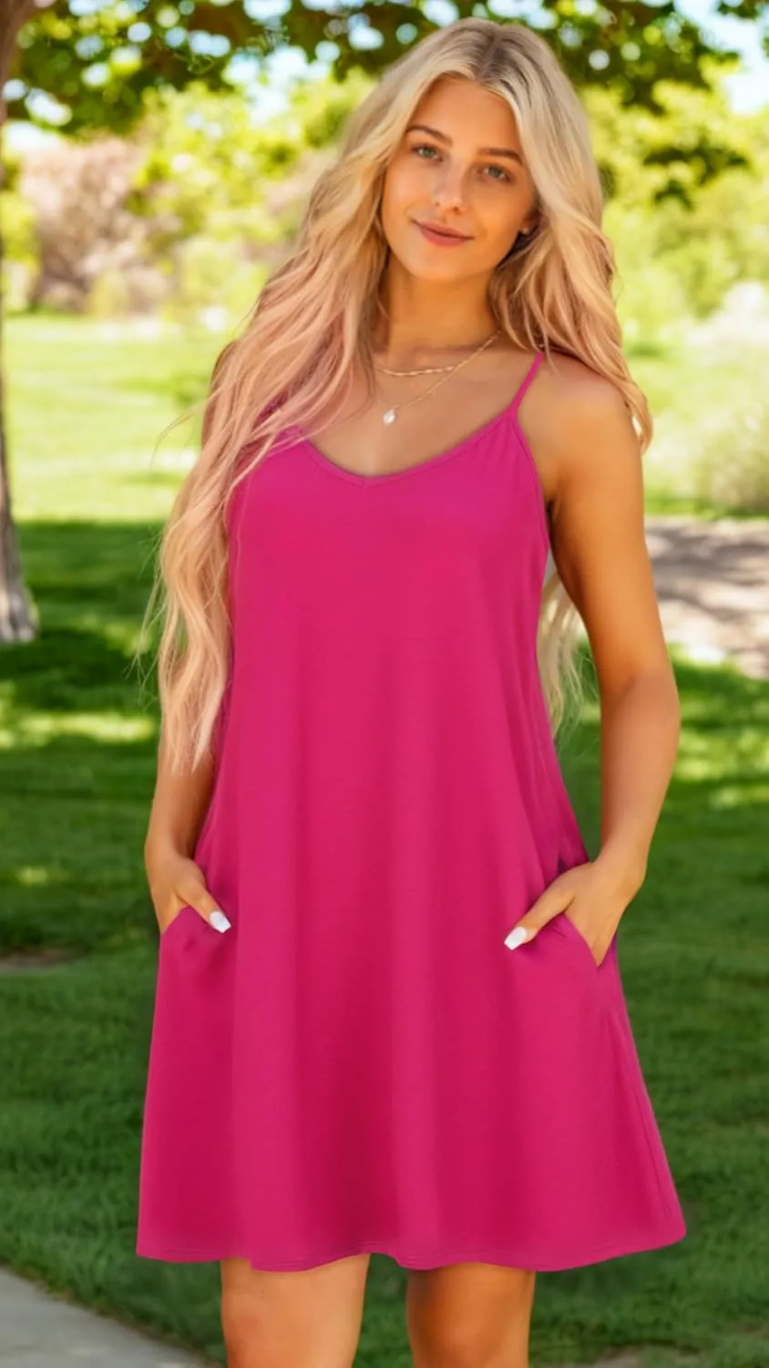 elescat Womens Summer Dresses Spaghetti Strap V Neck Casual Sleeveless Sundress Beach Cover Ups with Pockets