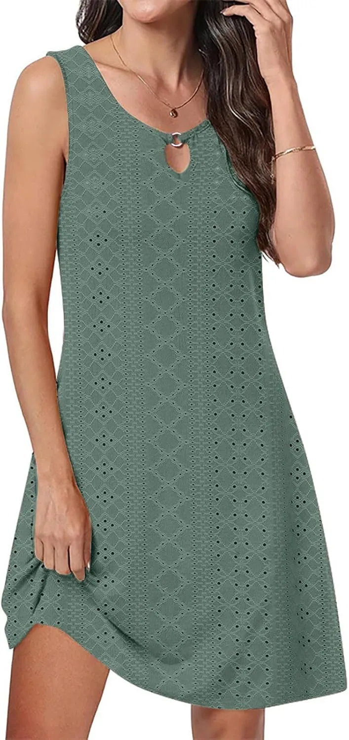 Eyelet Mini Dress for Women Sundresses Plus Size Summer Beach Dresses Cover Ups Sexy Sleeveless Tank Dress