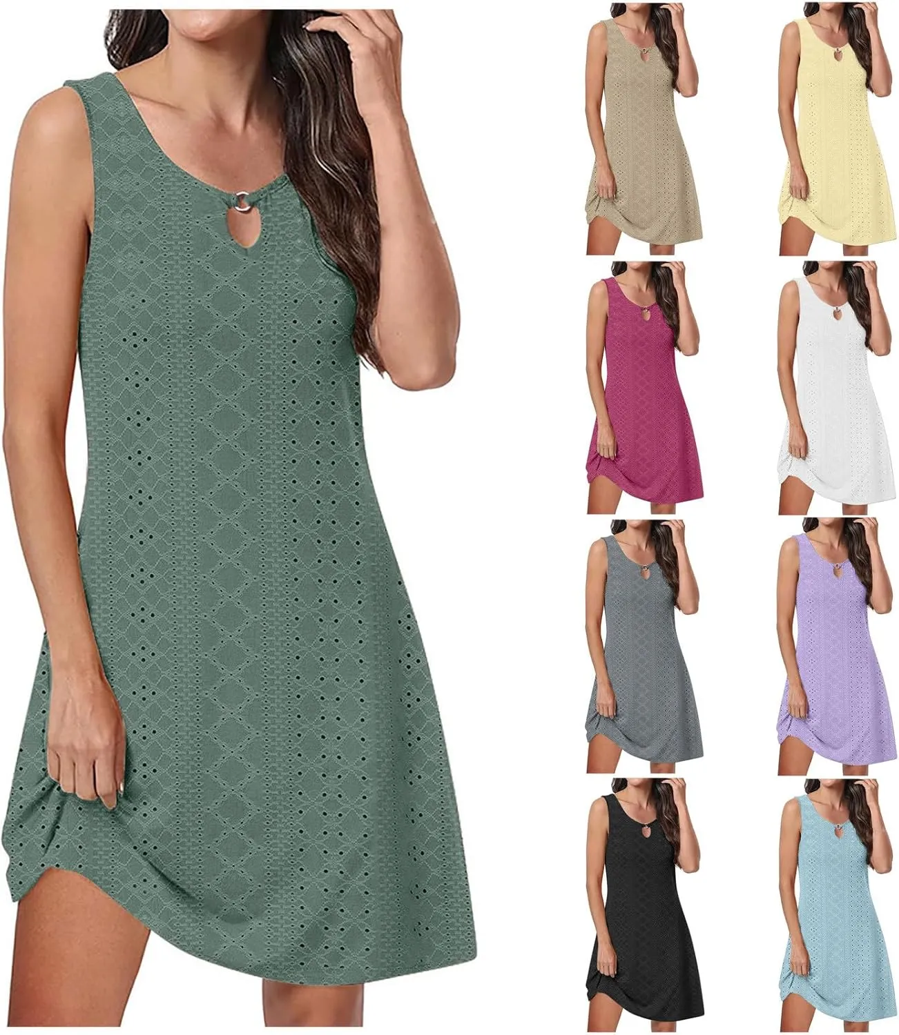 Eyelet Mini Dress for Women Sundresses Plus Size Summer Beach Dresses Cover Ups Sexy Sleeveless Tank Dress