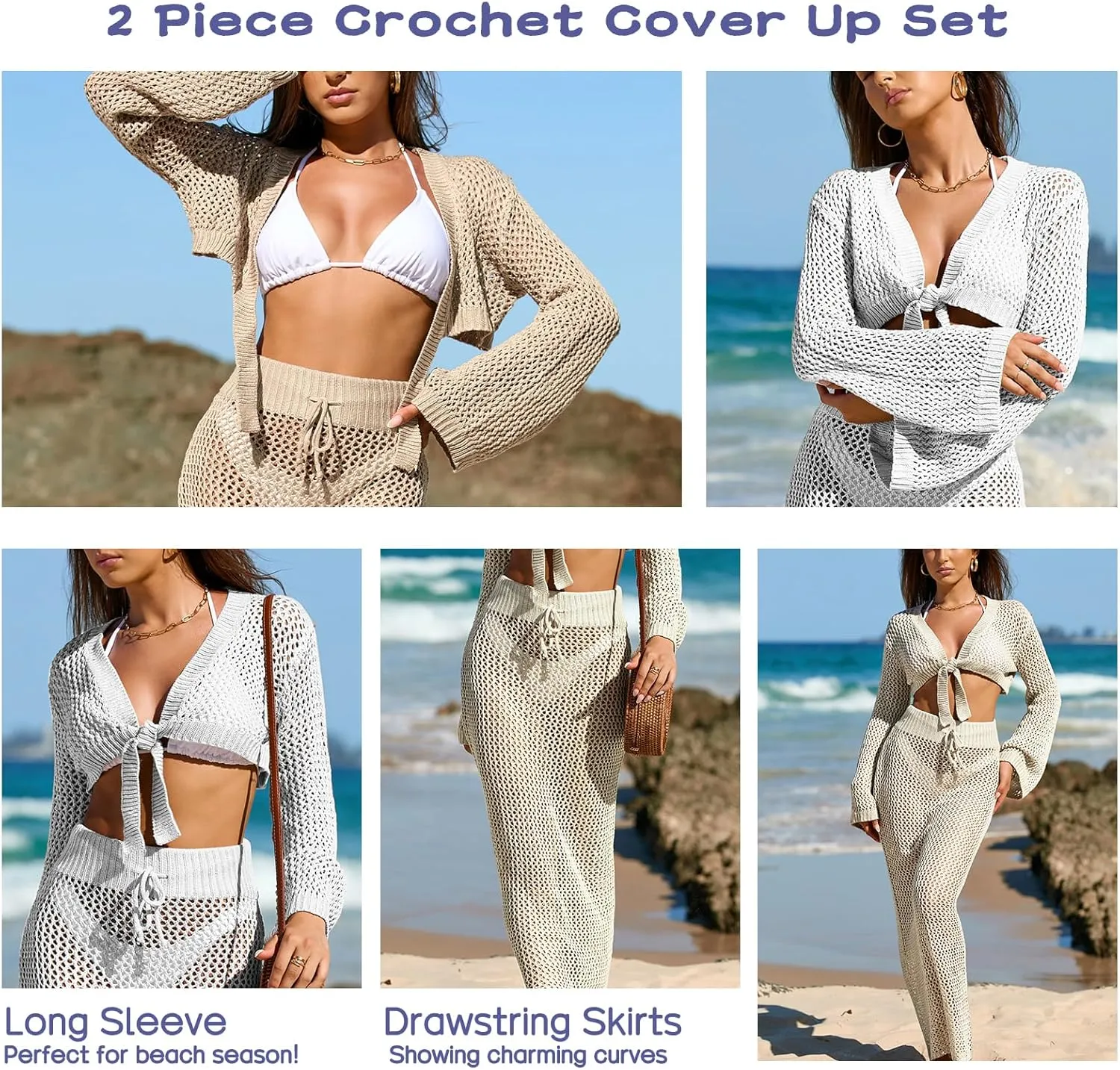 Famulily Womens 2 Piece Crochet Cover Up Matching Set with Long Sleeve Tie Knot Crop Tops and Drawstring Skirts