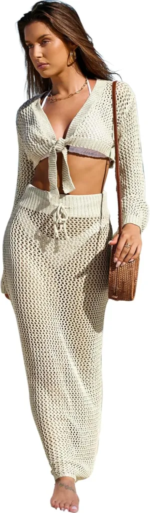 Famulily Womens 2 Piece Crochet Cover Up Matching Set with Long Sleeve Tie Knot Crop Tops and Drawstring Skirts
