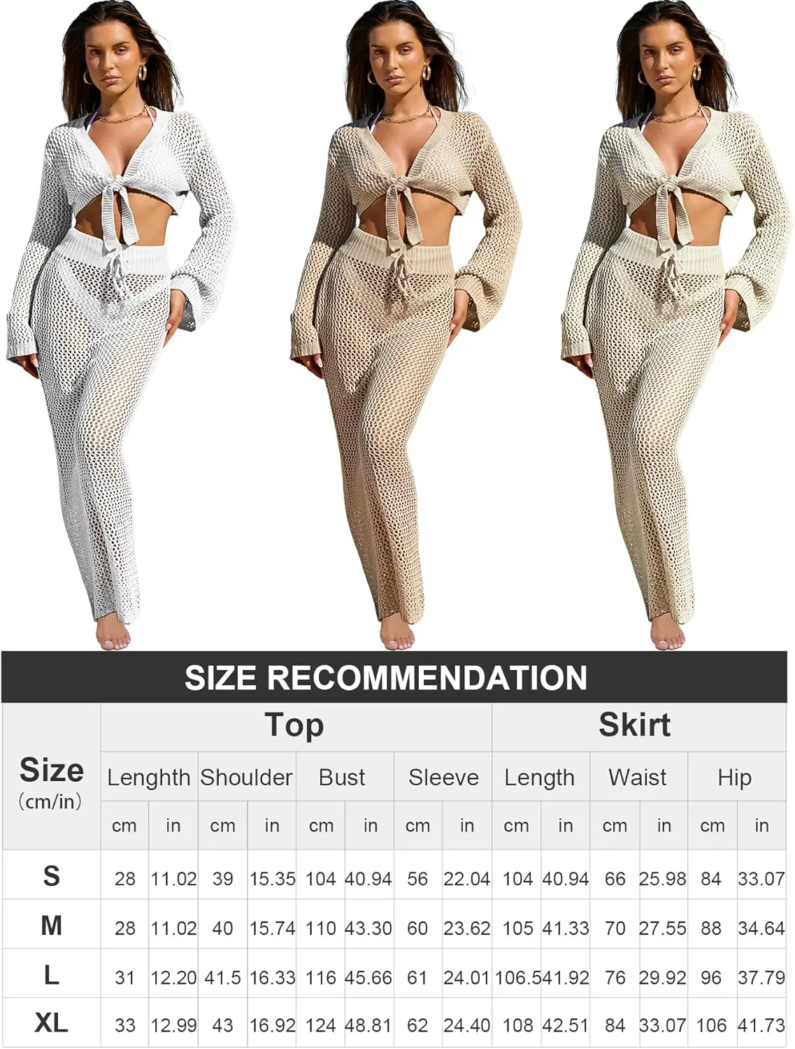 Famulily Womens 2 Piece Crochet Cover Up Matching Set with Long Sleeve Tie Knot Crop Tops and Drawstring Skirts