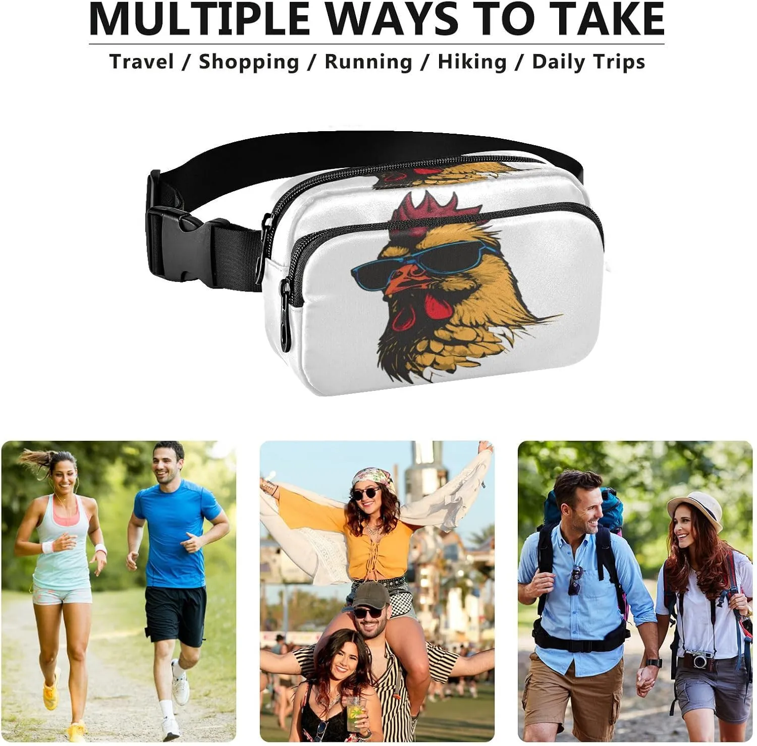Fanny Pack Belt Bag for Women Men Cool Cock with Sunglasses Fashion Waist Pack Waterproof Adjustable Cross Body Fanny Pack for Workout/Running/Hiking/Traveling/Cycling