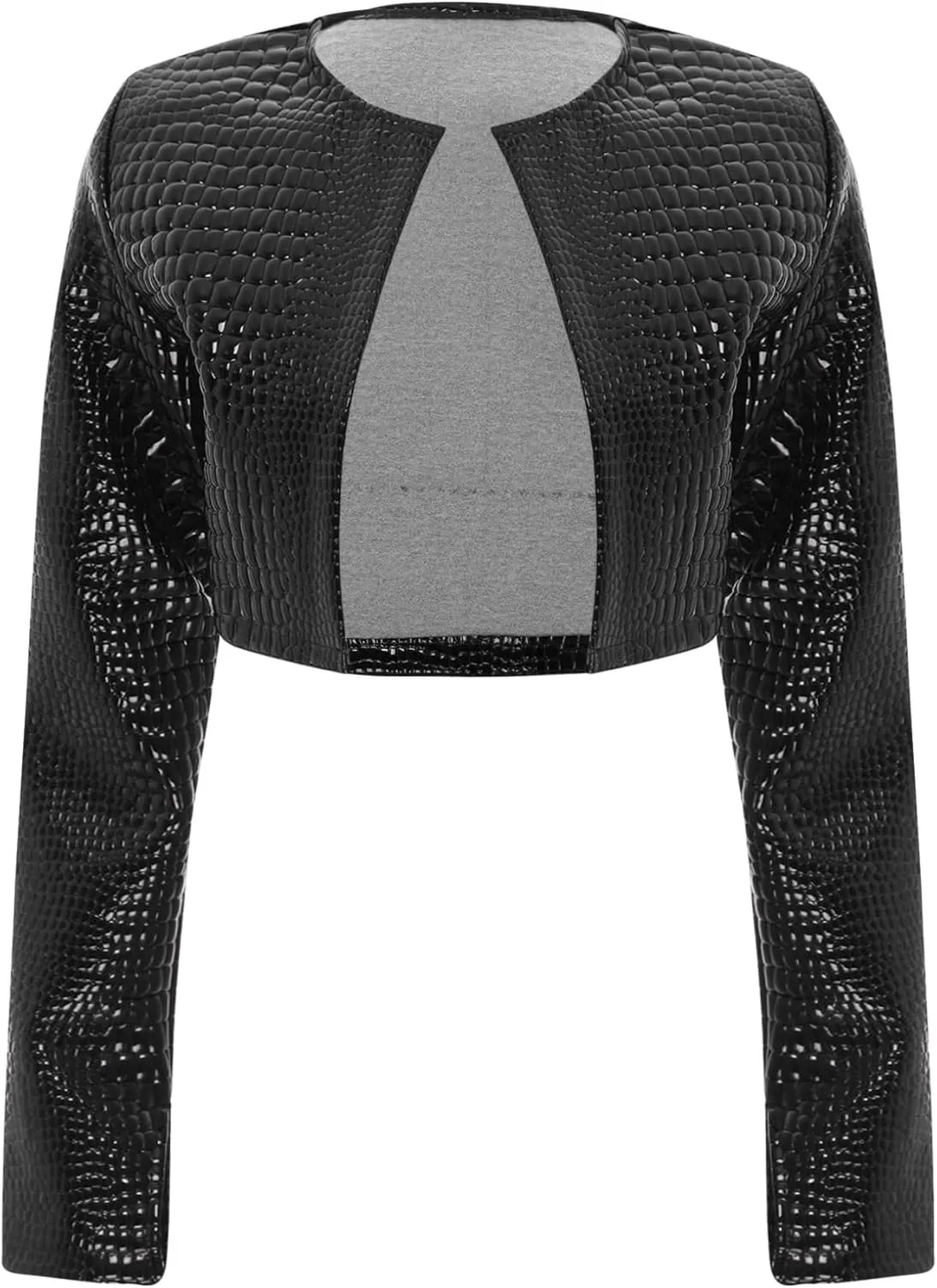 Faux Leather Crop Blazer for Women's Snakeskin Embossing Open Front PU Moto Biker Jackets
