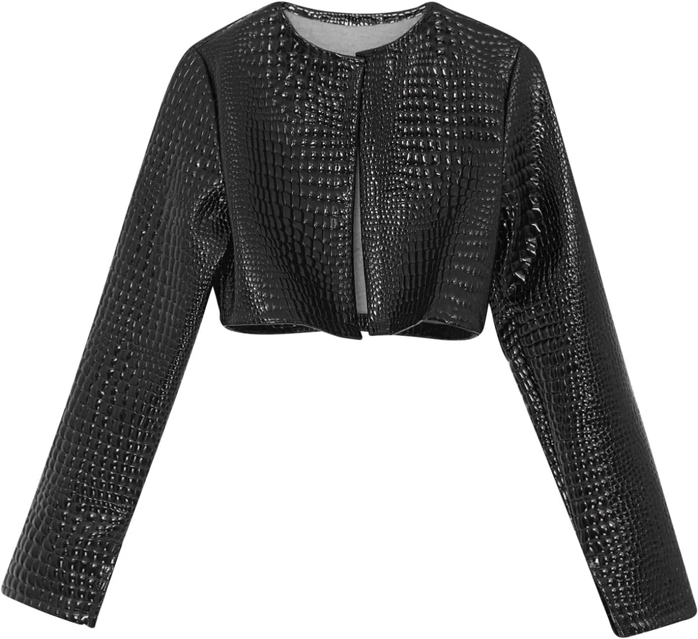 Faux Leather Crop Blazer for Women's Snakeskin Embossing Open Front PU Moto Biker Jackets