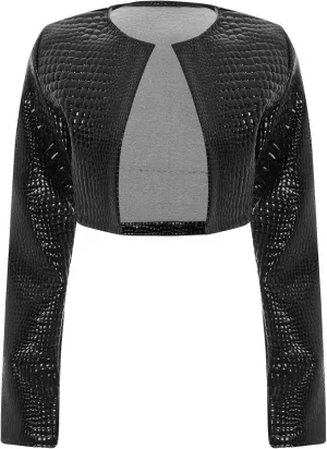 Faux Leather Crop Blazer for Women's Snakeskin Embossing Open Front PU Moto Biker Jackets