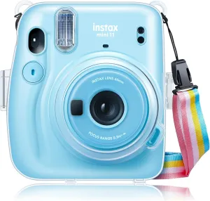 Fintie Protective Clear Case for Fujifilm Instax Mini 11 Instant Film Camera - Crystal Hard Shell Cover with Removable Rainbow Shoulder Strap, Clear