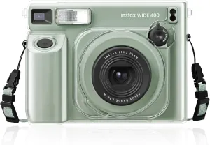 Fintie Protective Clear Case for Fujifilm Instax Wide 400 Instant Camera - Crystal Hard Shell Cover with Upgraded Film Pocket for Storing Photos & Removable Rainbow Shoulder Strap, Clear