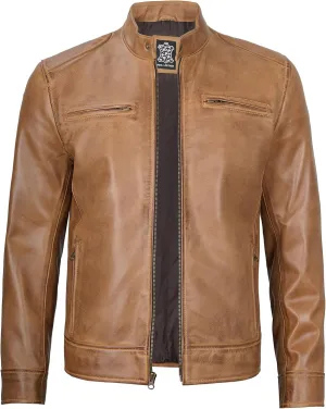 fjackets Mens Brown Leather Jacket - Real Leather Jackets For Men - Moto Style Leather Jacket Men