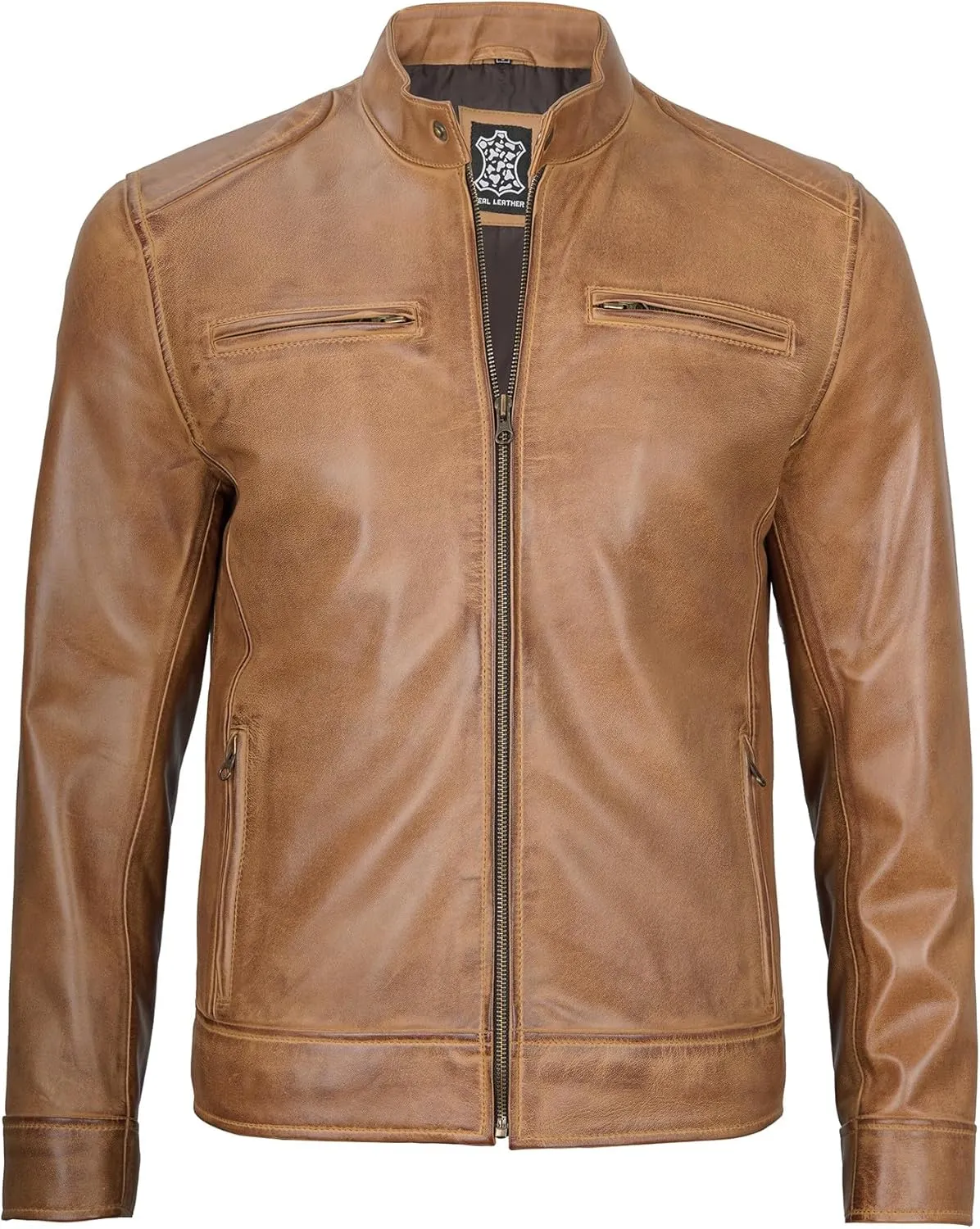 fjackets Mens Brown Leather Jacket - Real Leather Jackets For Men - Moto Style Leather Jacket Men