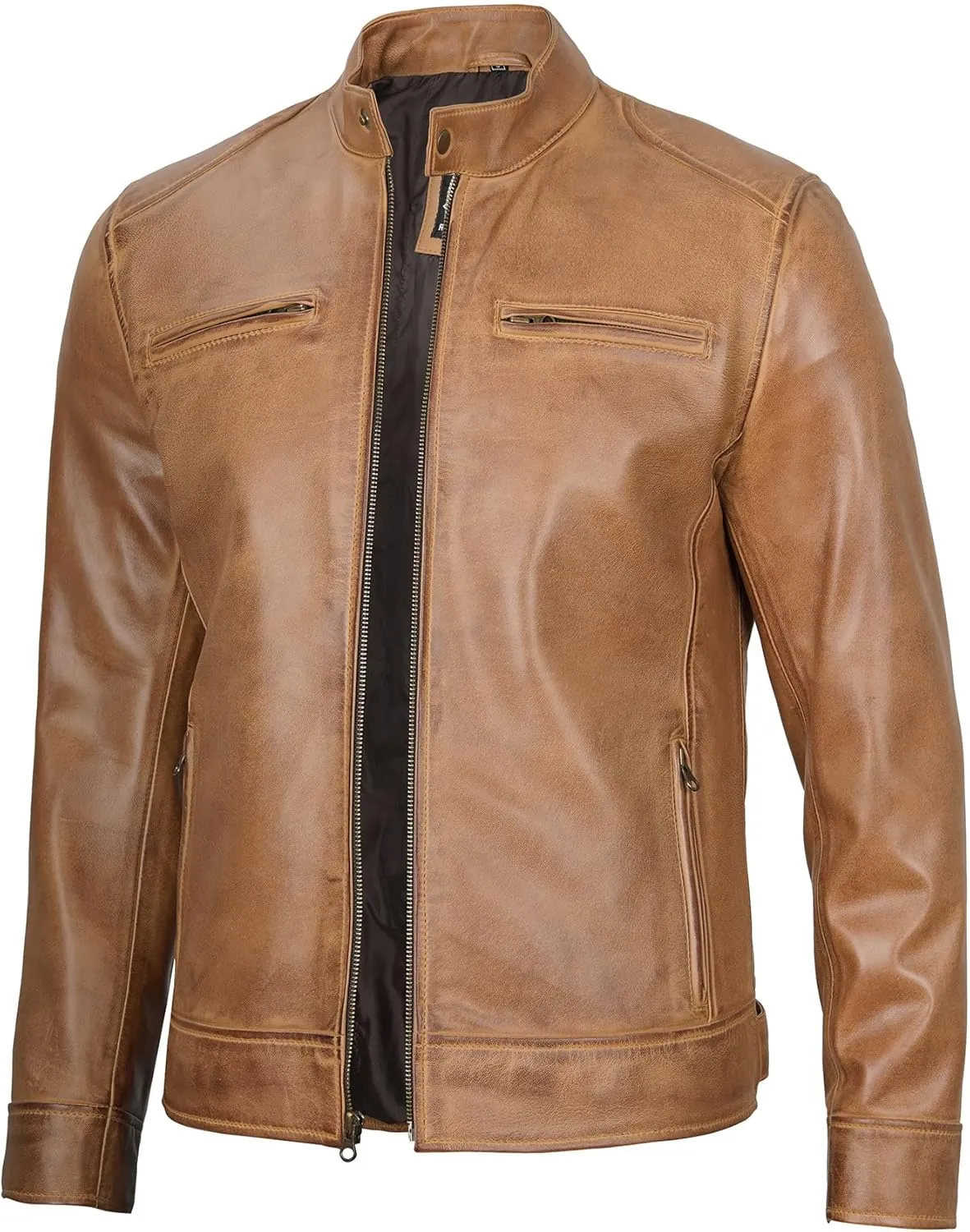 fjackets Mens Brown Leather Jacket - Real Leather Jackets For Men - Moto Style Leather Jacket Men