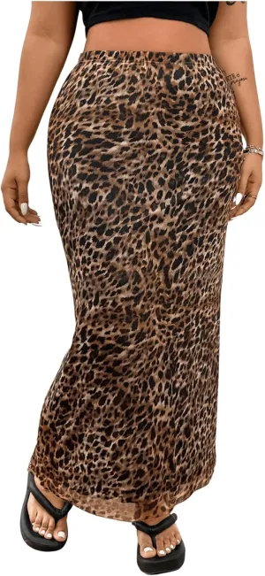 Floerns Women's Plus Size Leopard Print Mesh High Waisted Maxi Skirts