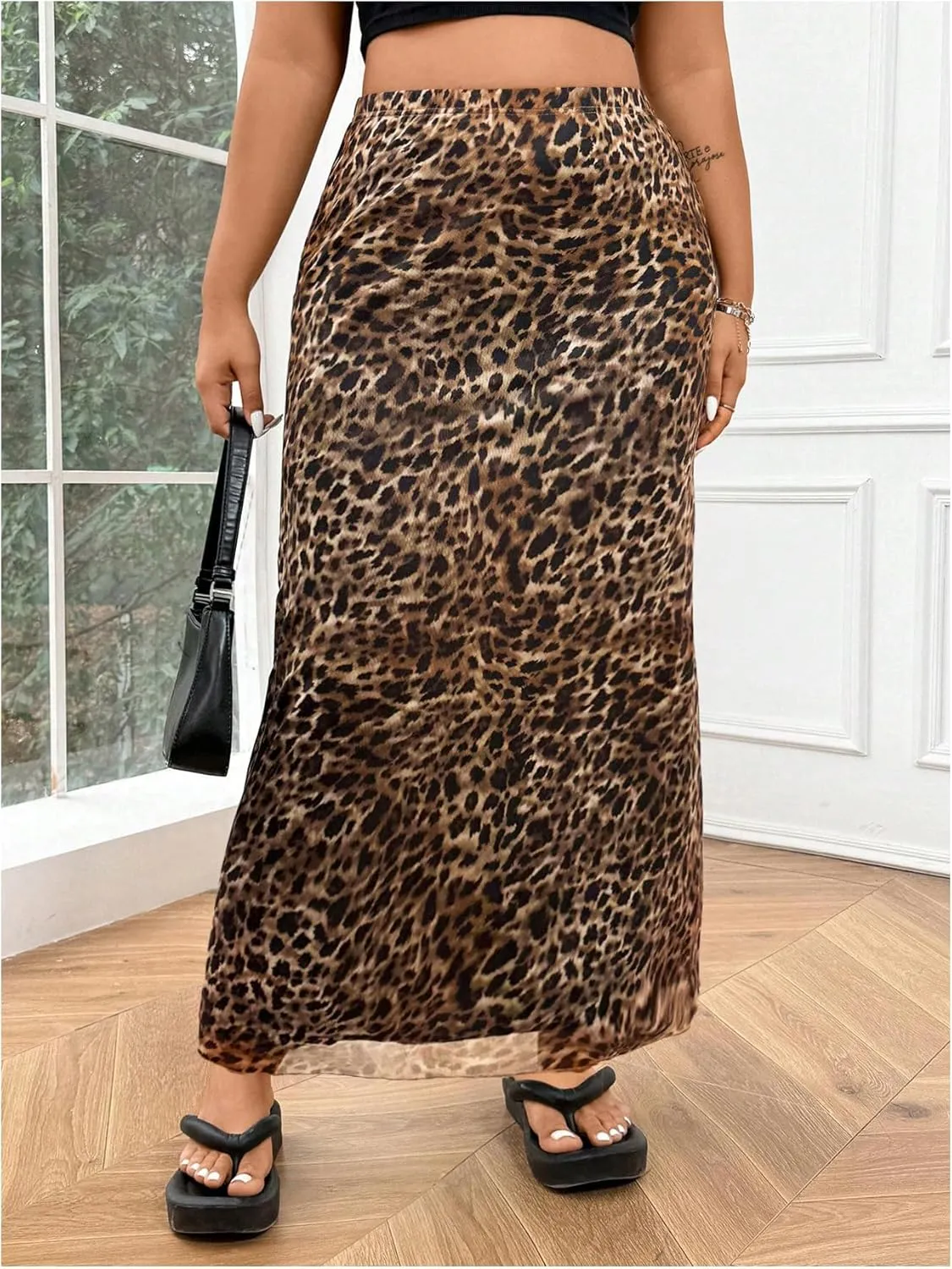 Floerns Women's Plus Size Leopard Print Mesh High Waisted Maxi Skirts