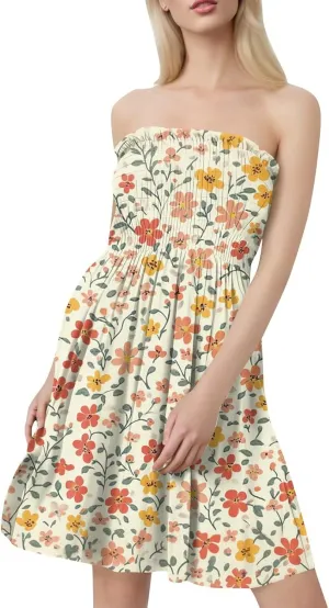 Floral Mini Dresses for Women Summer Smocked Tube Top Dress Vintage Cover Ups Strapless Corset Sexy Sundresses