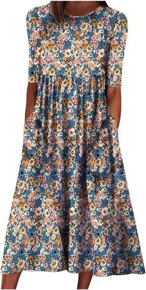Floral Print Boho Dress for Women 2025 Casual Summer Midi Dress Loose Flowy Long Dresses with Pockets Tshirts Dresses