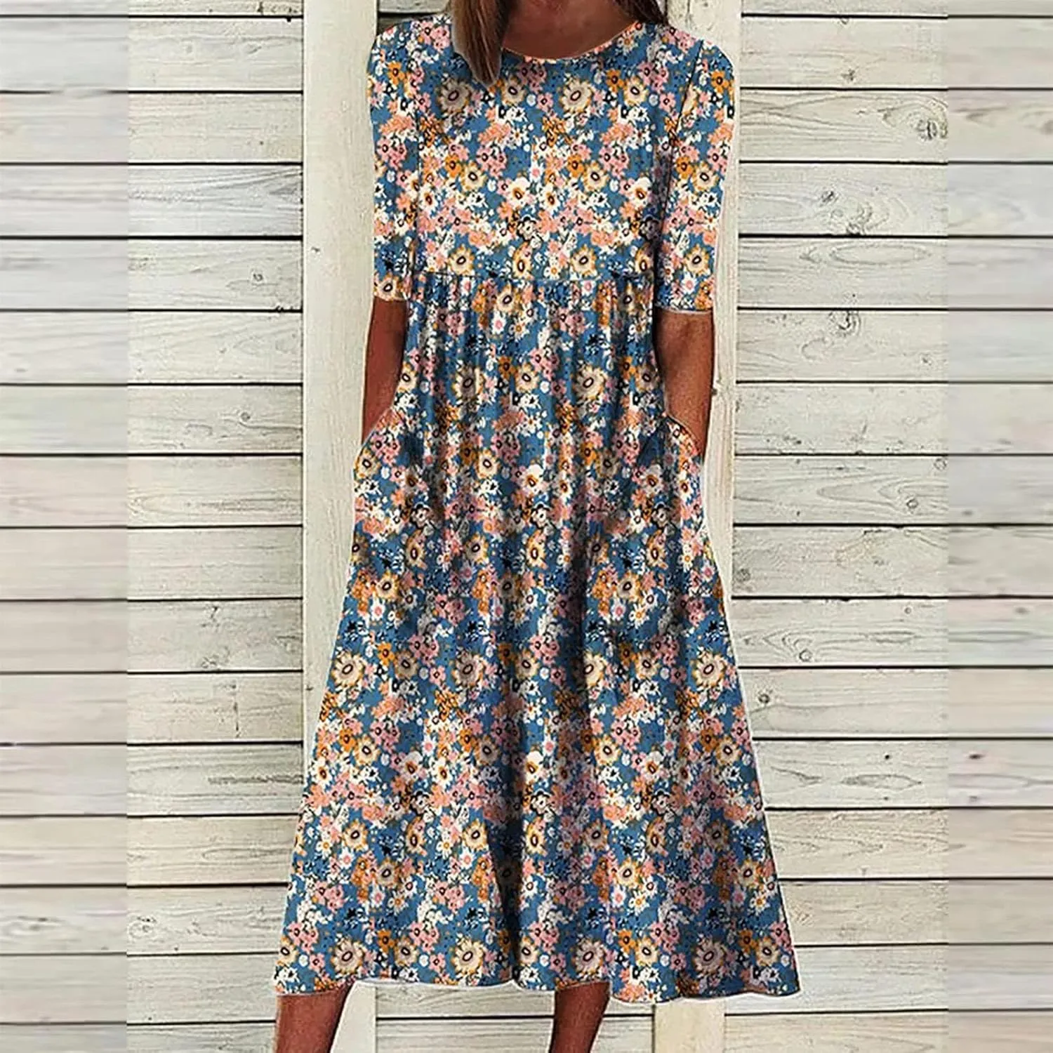 Floral Print Boho Dress for Women 2025 Casual Summer Midi Dress Loose Flowy Long Dresses with Pockets Tshirts Dresses