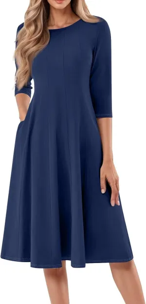 Formal Dresses for Women 2025 Winter Summer Spring Midi 3/4 Sleeve Casual Pleated A Line Dresses