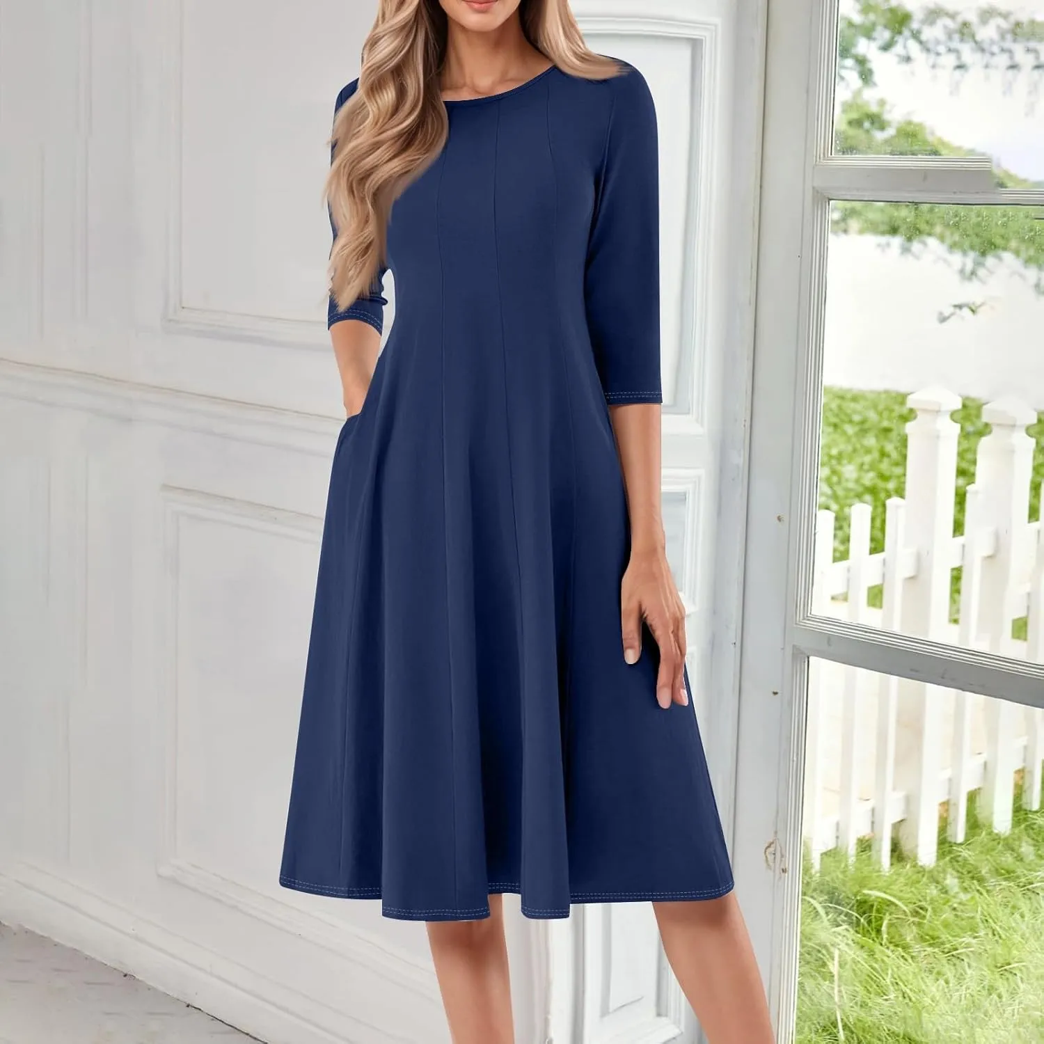 Formal Dresses for Women 2025 Winter Summer Spring Midi 3/4 Sleeve Casual Pleated A Line Dresses