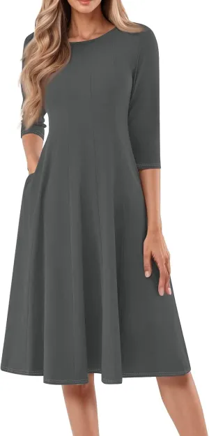 Formal Dresses for Women Plus 3/4 Sleeve Solid Flowy Vintage Midi Summer Spring Casual Swing Dress