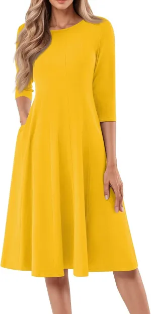 Formal Dresses for Women Plus 3/4 Sleeve Solid Flowy Vintage Midi Summer Spring Casual Swing Dress