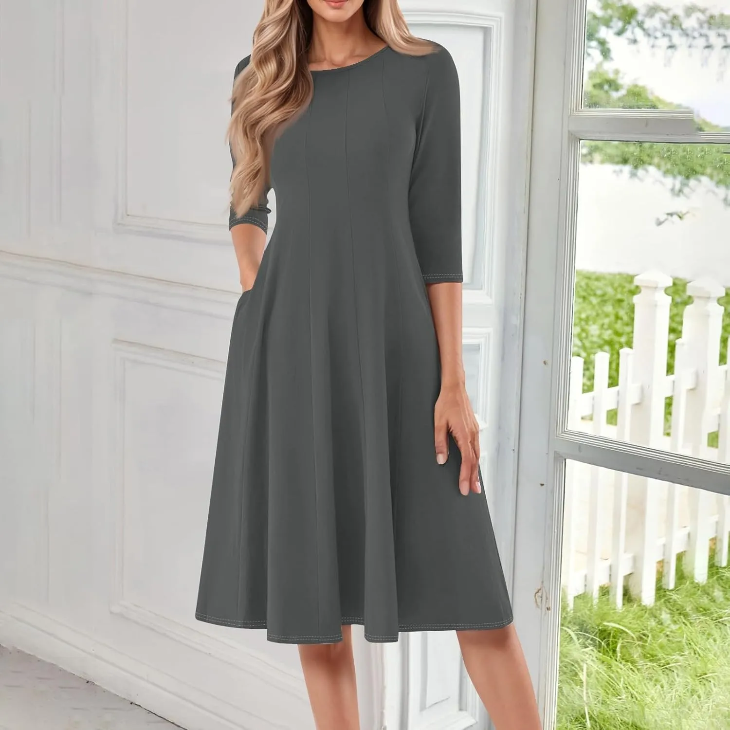 Formal Dresses for Women Plus 3/4 Sleeve Solid Flowy Vintage Midi Summer Spring Casual Swing Dress