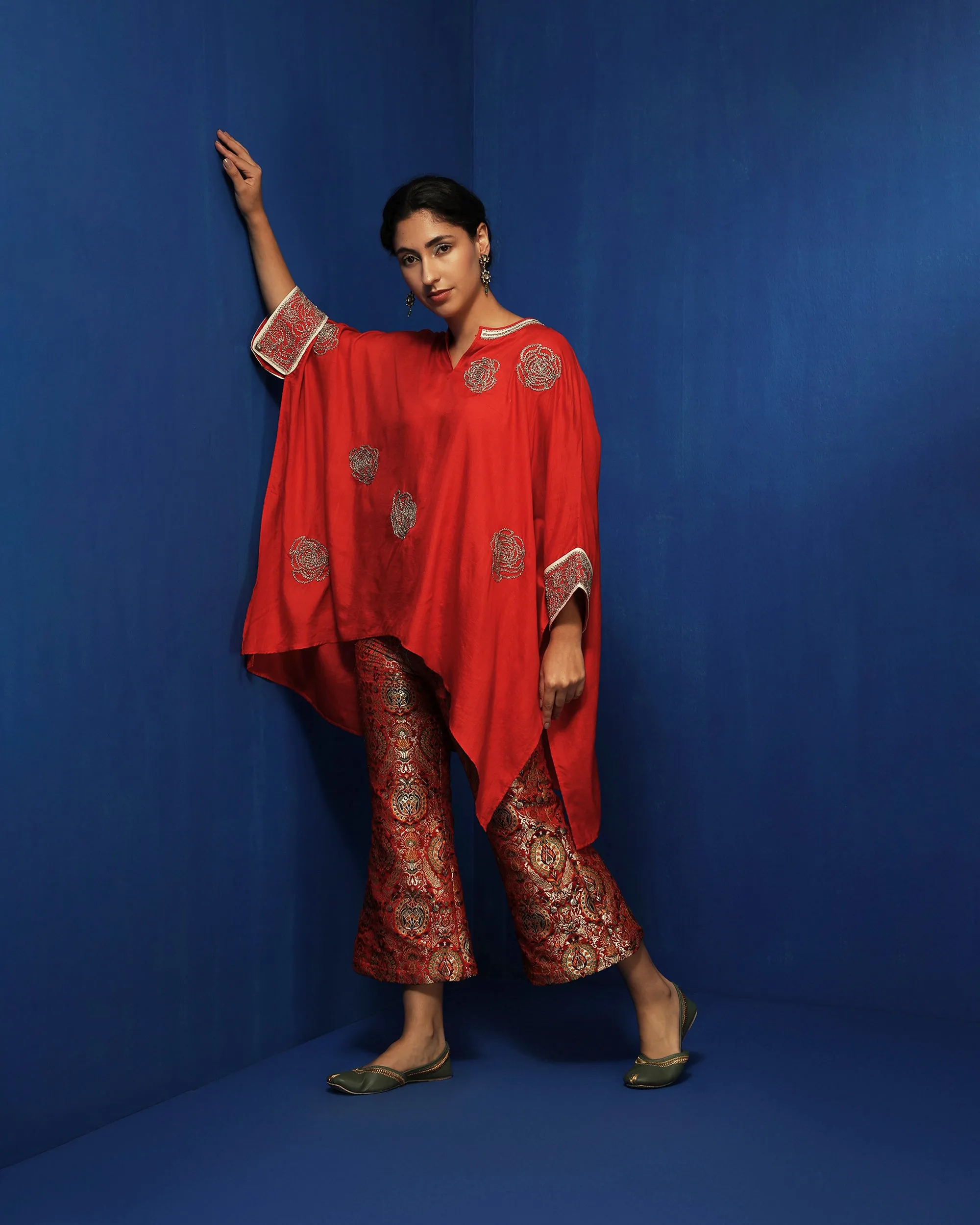Fuchsia silk brocade bell bottom pants