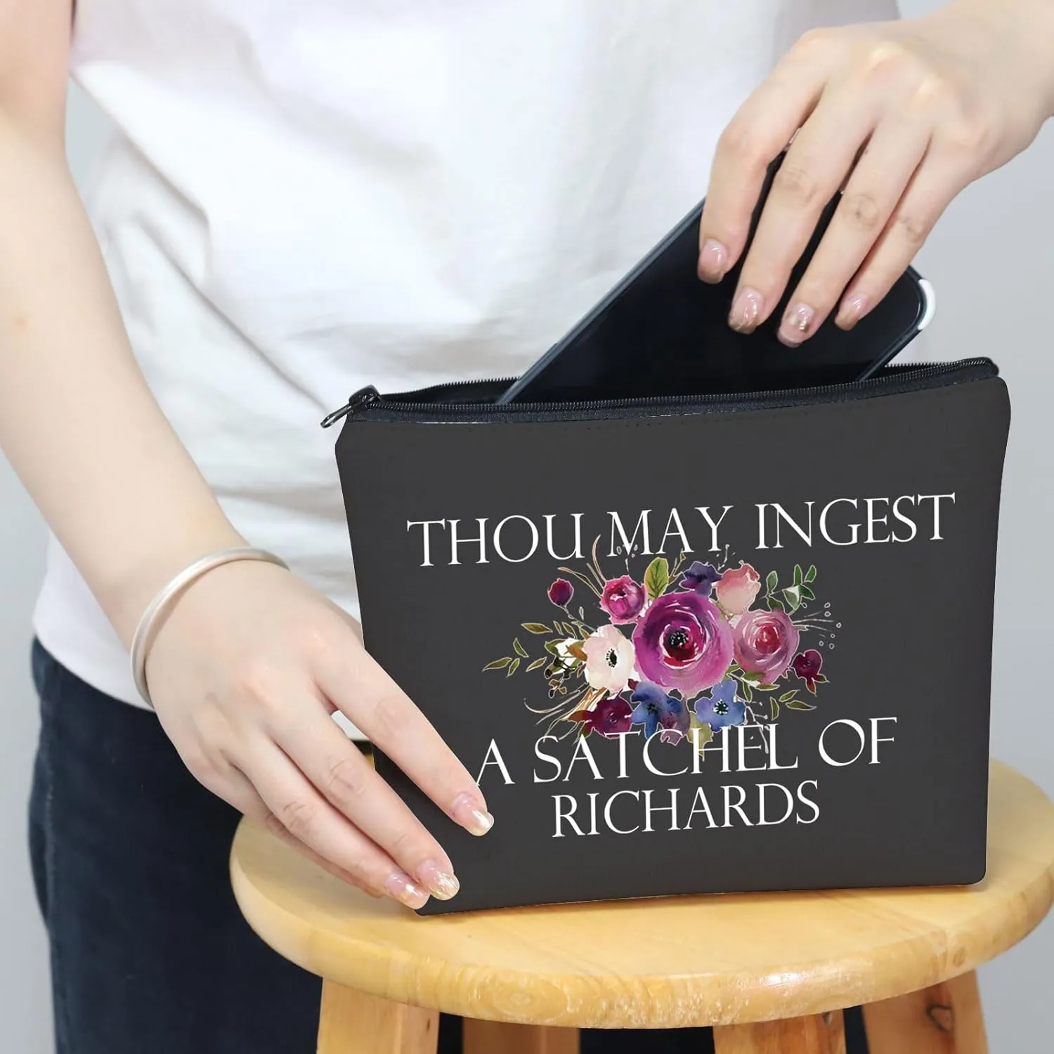 Funny Sarcastic Gift Thou May Ingest a Satchel of Richards Makeup Zipper Pouch Bag for Friends Adult Saying Joke (THOU Black Bag)