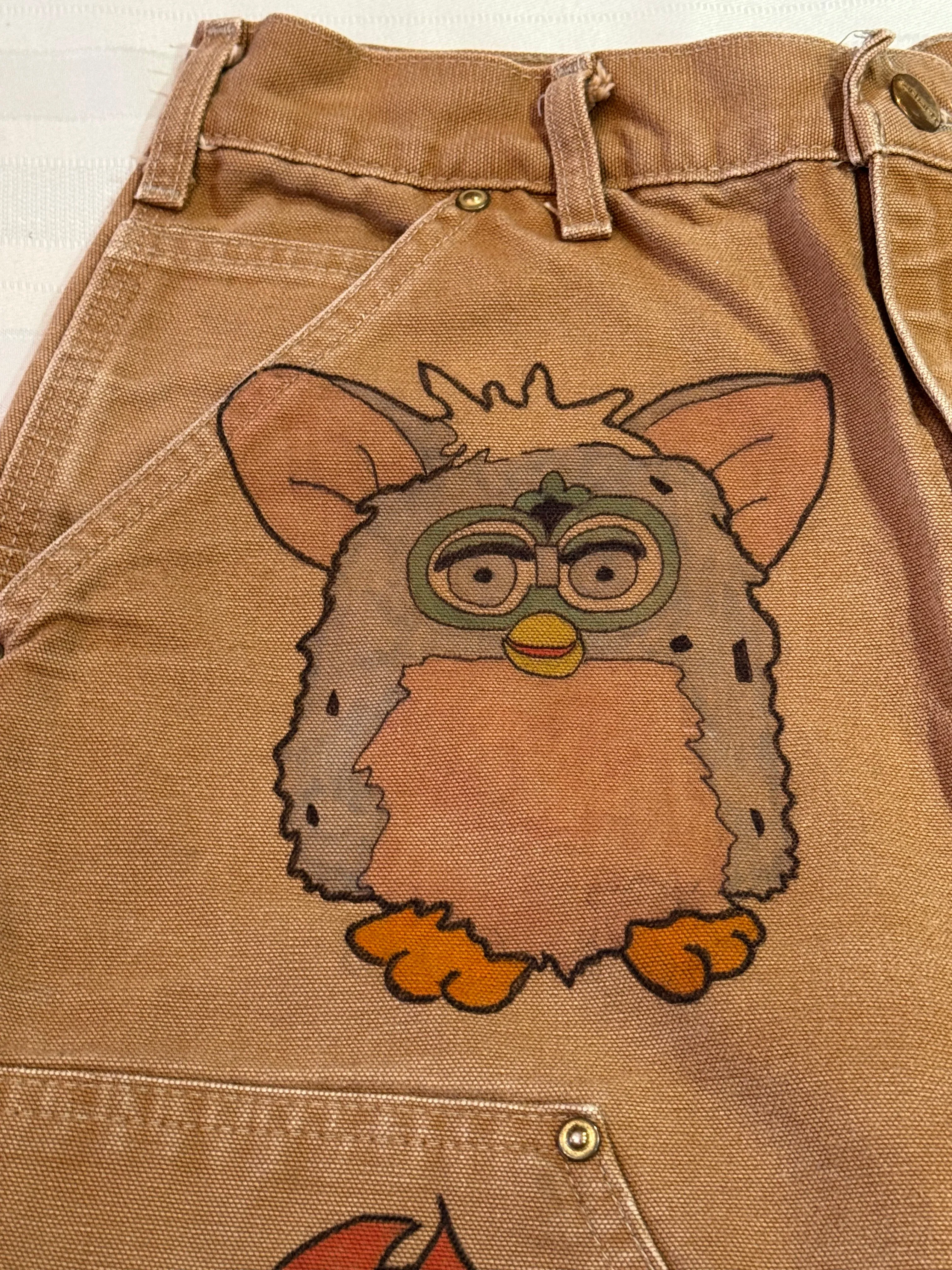Furby Pants- 27x28.5 Vintage one of a kind hand drawn double knee Cartoon Carhartt pants