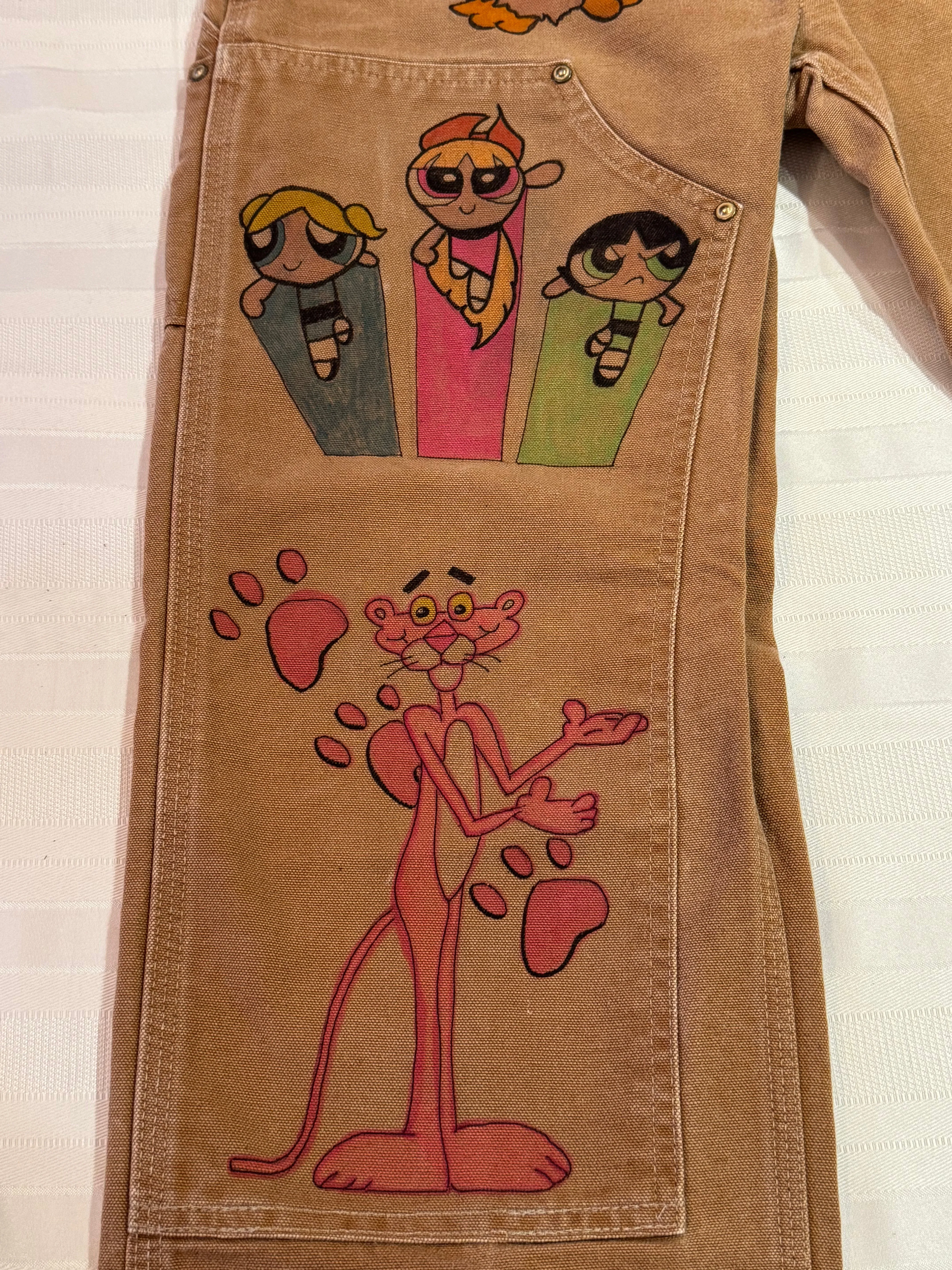 Furby Pants- 27x28.5 Vintage one of a kind hand drawn double knee Cartoon Carhartt pants