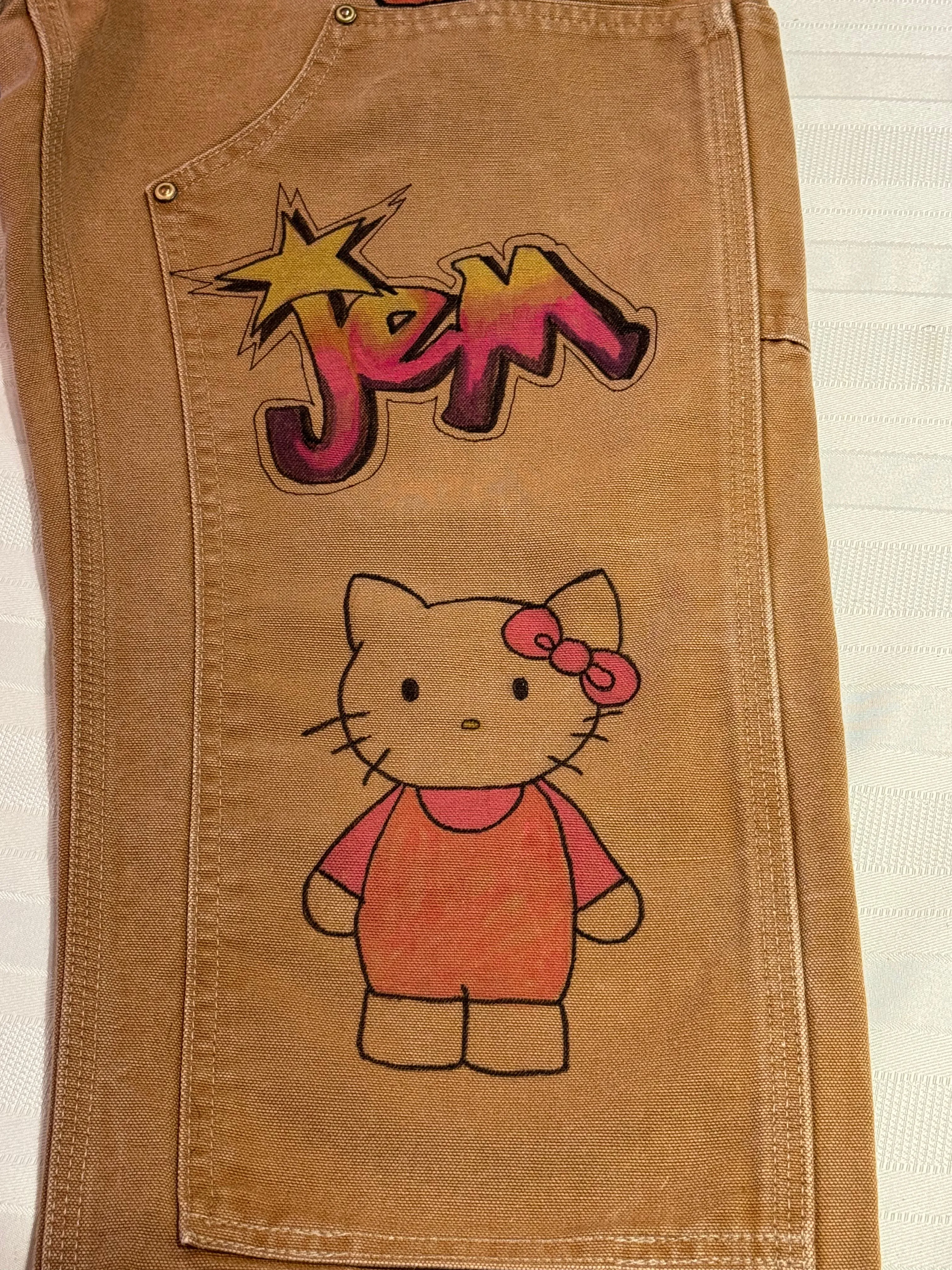 Furby Pants- 27x28.5 Vintage one of a kind hand drawn double knee Cartoon Carhartt pants