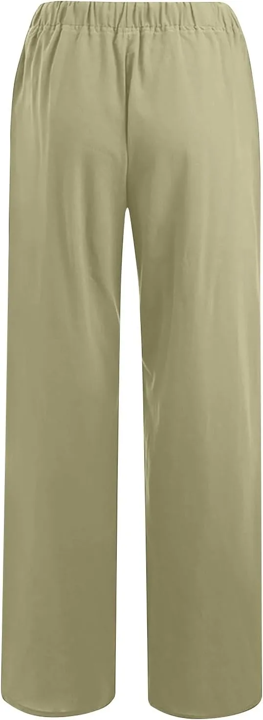 FZYLQY 2 Pcs Women's Linen Pants Casual Wide Leg High Waisted Trousers with Pockets Drawstring Loose Palazzo Lounge Pants