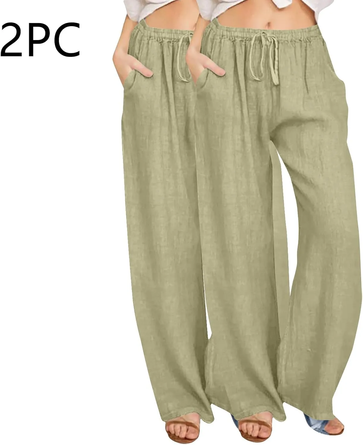 FZYLQY 2 Pcs Women's Linen Pants Casual Wide Leg High Waisted Trousers with Pockets Drawstring Loose Palazzo Lounge Pants