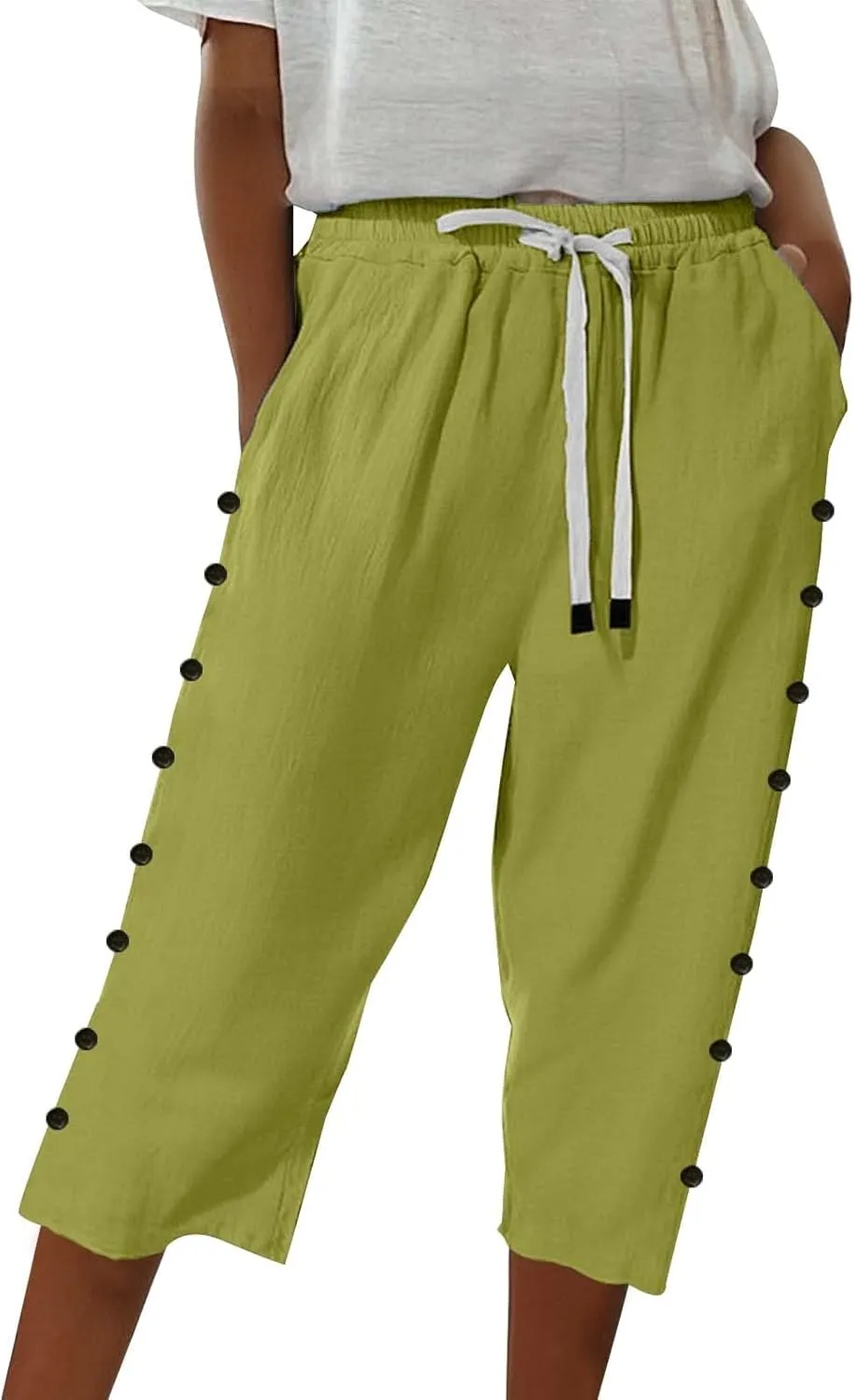 GIERIDUC Linen Pants Women Loose Capris for Women Summer Cropped Drawstring Elastic Waist Trouser Side Button Bermuda Shorts