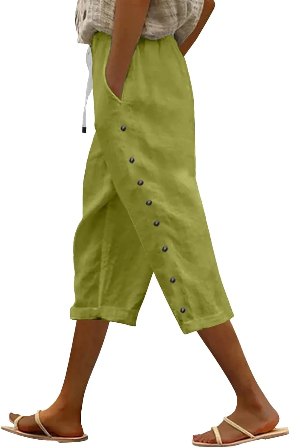 GIERIDUC Linen Pants Women Loose Capris for Women Summer Cropped Drawstring Elastic Waist Trouser Side Button Bermuda Shorts